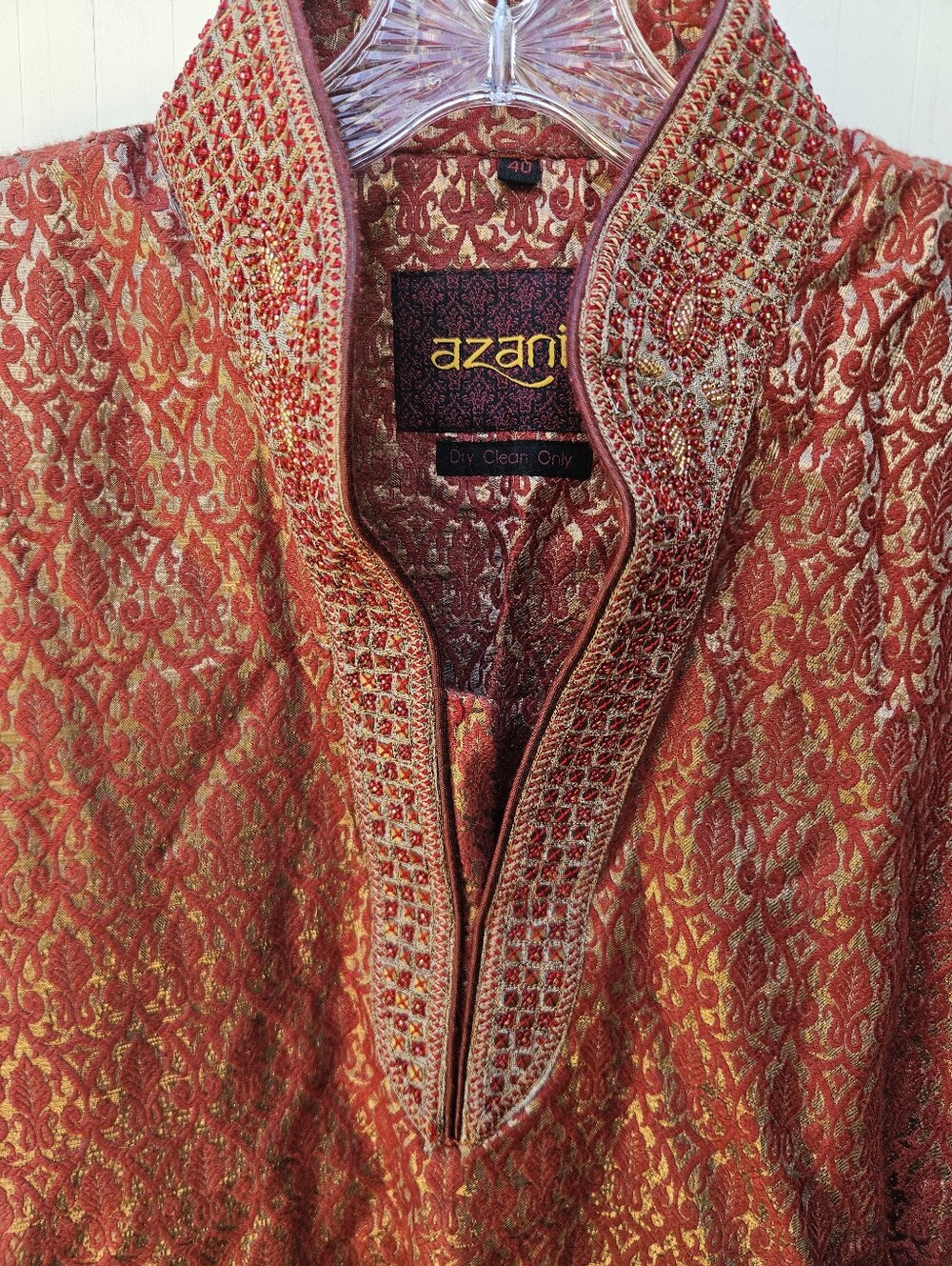 Men's Dark Red Jacquard Woven Polyester Kurta Long Sleeve Nehru Collar Button